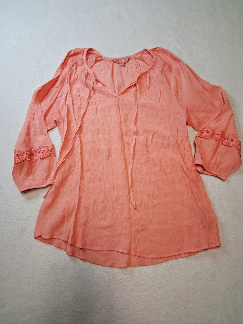 Iyla Women's Coral Peasant Tunic with Lace Sleeve Detail